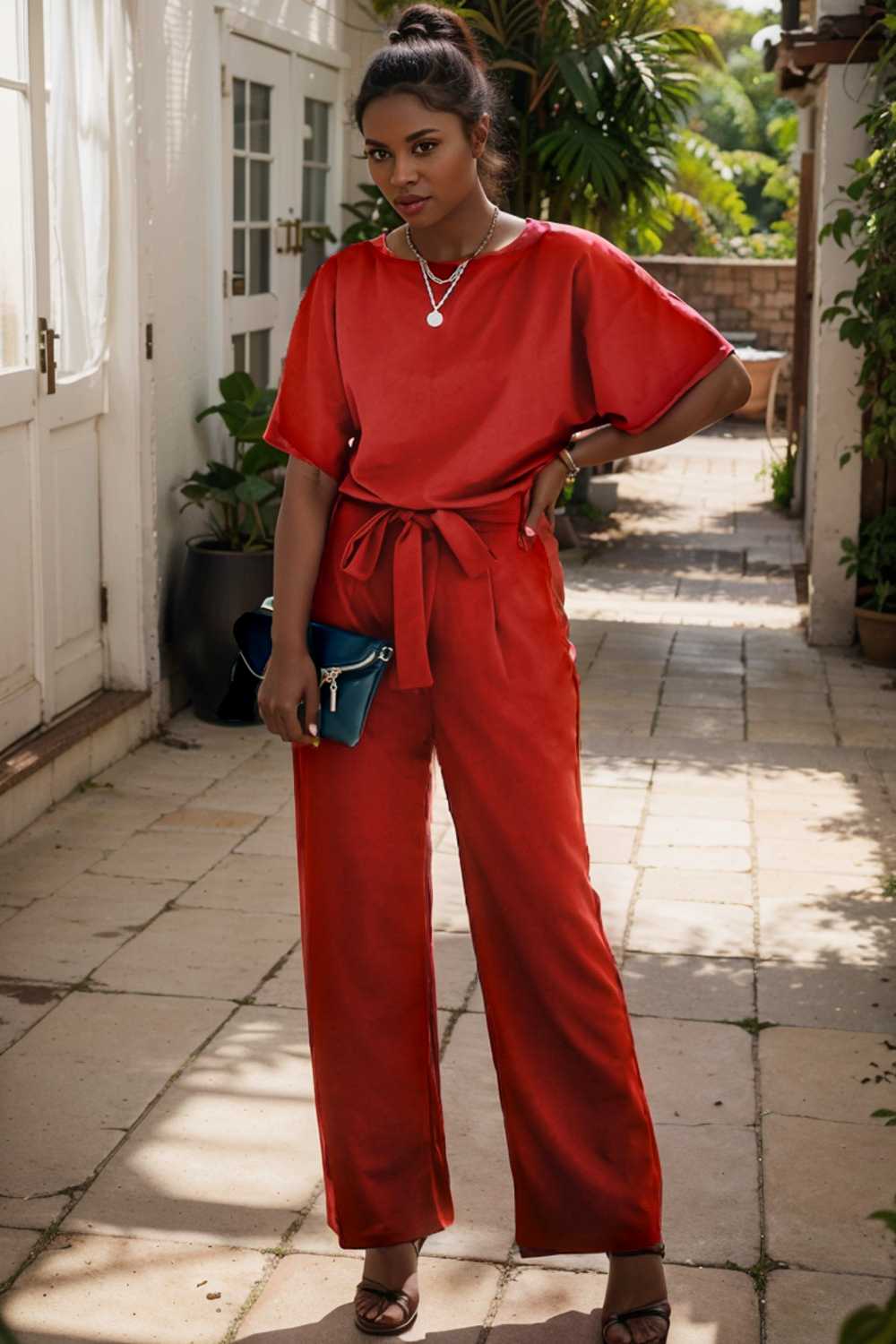 solid five point sleeve belted wide leg jumpsuit 105712
