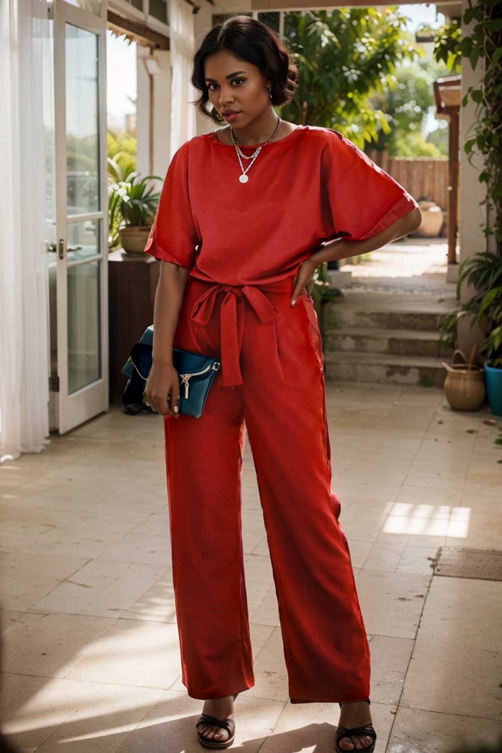 solid five point sleeve belted wide leg jumpsuit 105709