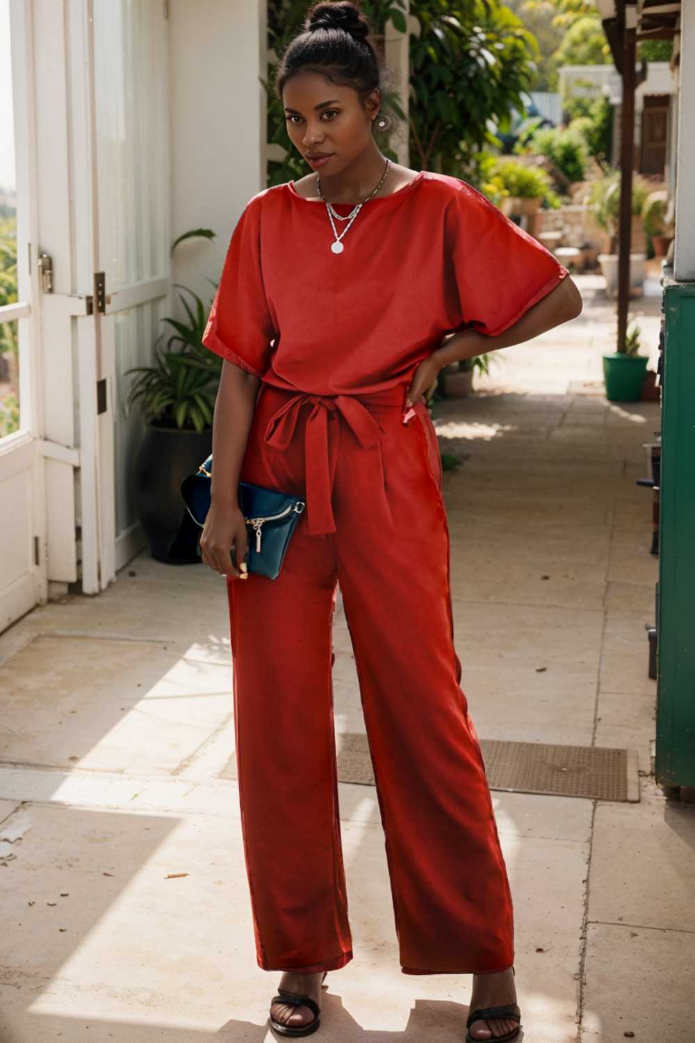 solid five point sleeve belted wide leg jumpsuit 105708