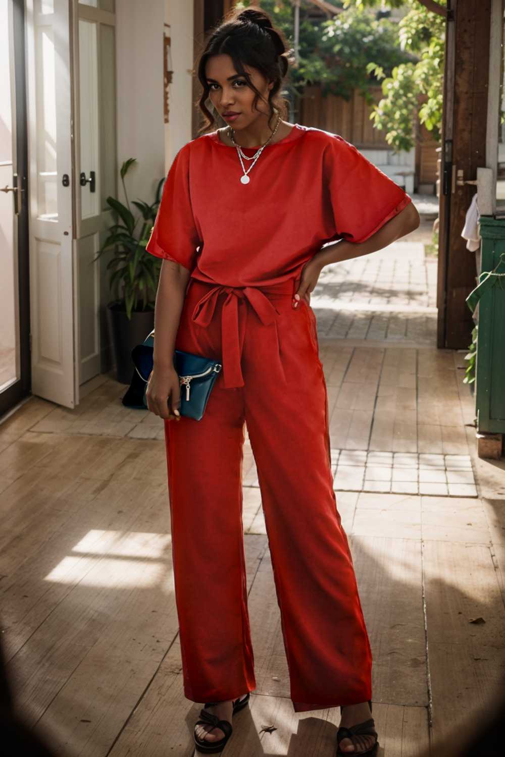 solid five point sleeve belted wide leg jumpsuit 105707