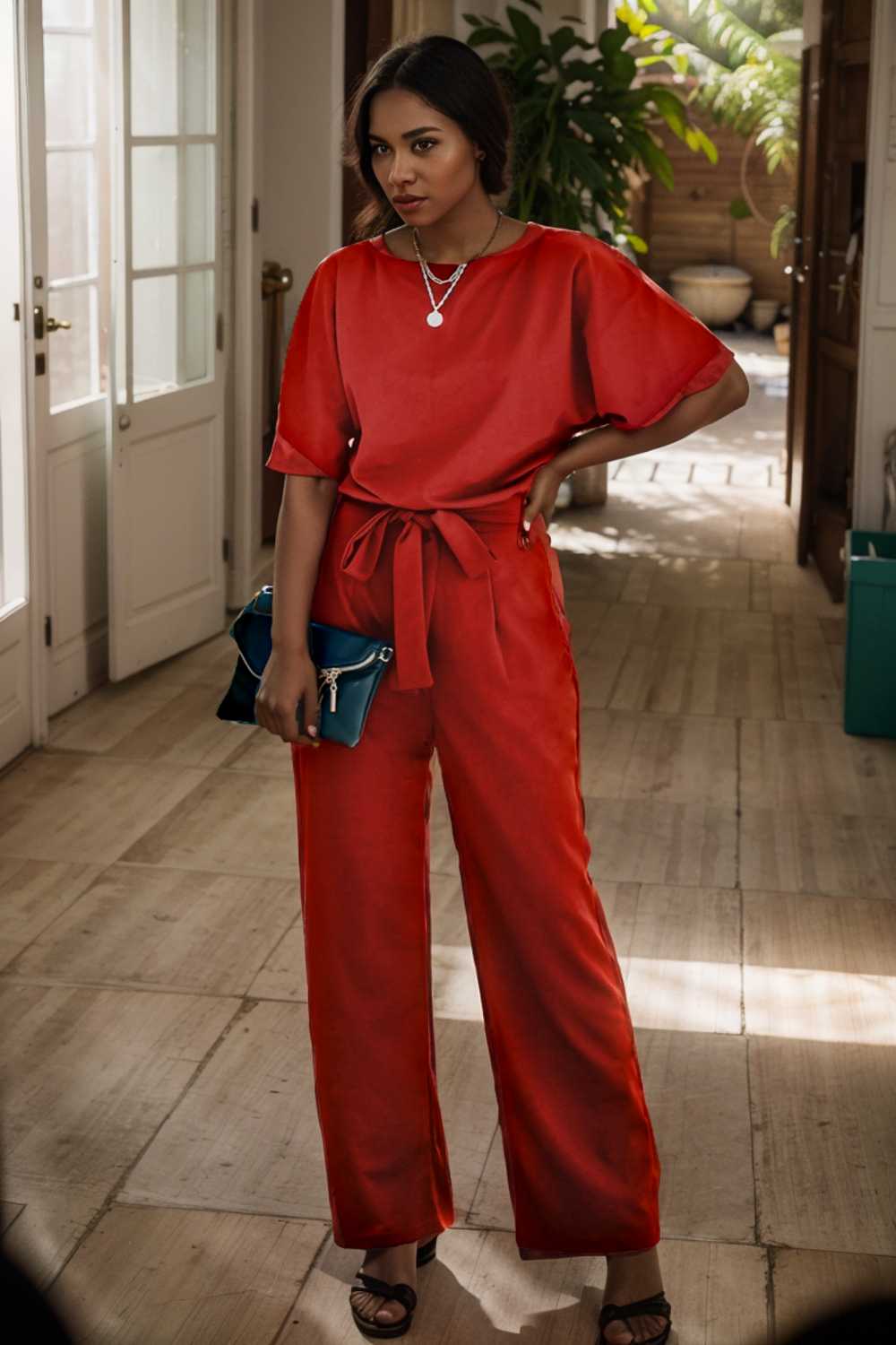 solid five point sleeve belted wide leg jumpsuit 105706