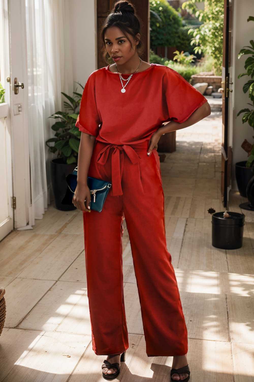 solid five point sleeve belted wide leg jumpsuit 105705