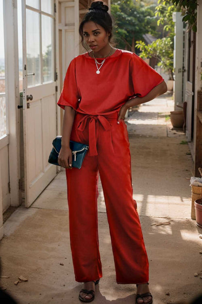 solid five point sleeve belted wide leg jumpsuit 105704