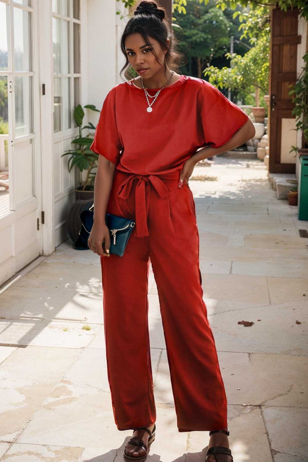 solid five point sleeve belted wide leg jumpsuit 105703