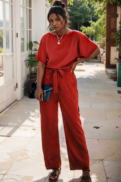 solid five point sleeve belted wide leg jumpsuit 105703