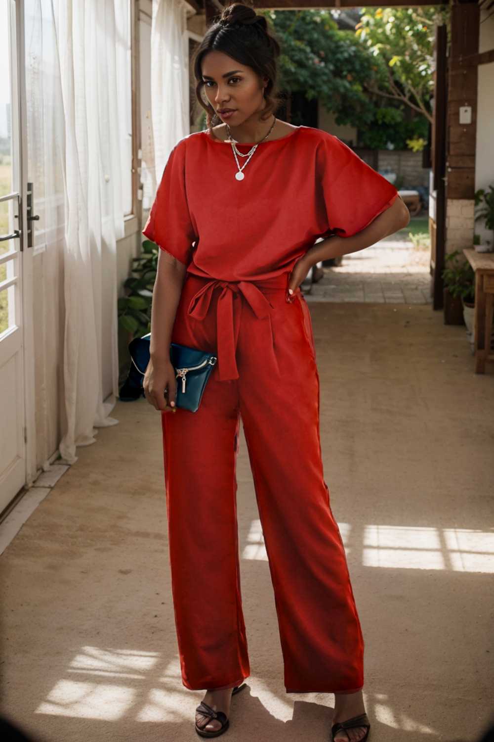 solid five point sleeve belted wide leg jumpsuit 105702