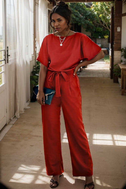 solid five point sleeve belted wide leg jumpsuit 105702