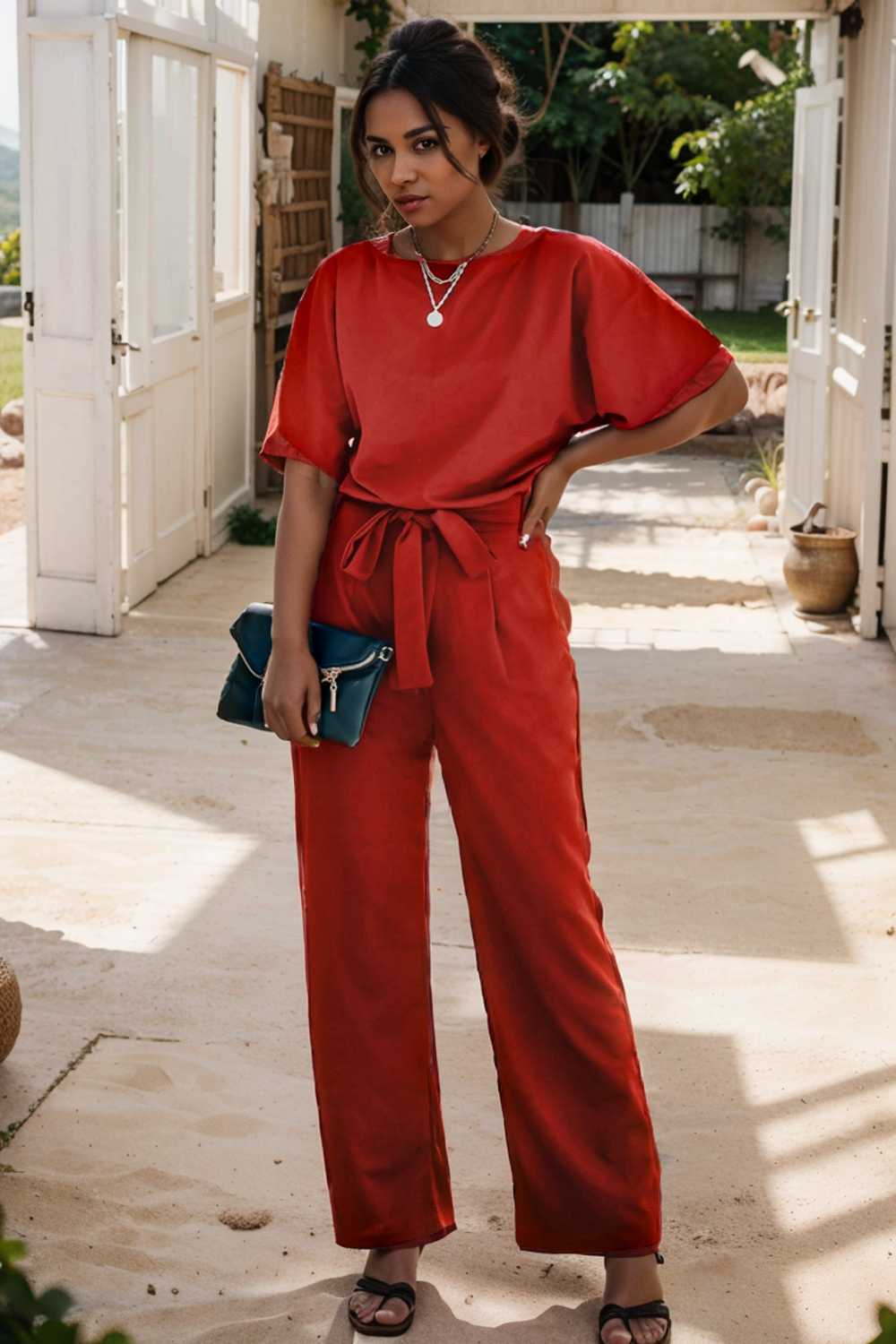 solid five point sleeve belted wide leg jumpsuit 105701