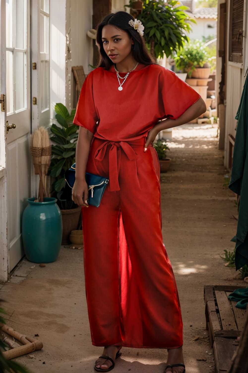 solid five point sleeve belted wide leg jumpsuit 105700