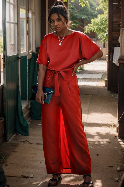 solid five point sleeve belted wide leg jumpsuit 105699