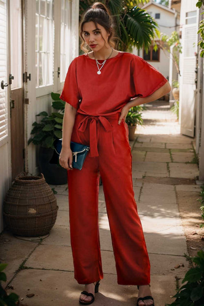 solid five point sleeve belted wide leg jumpsuit 105698