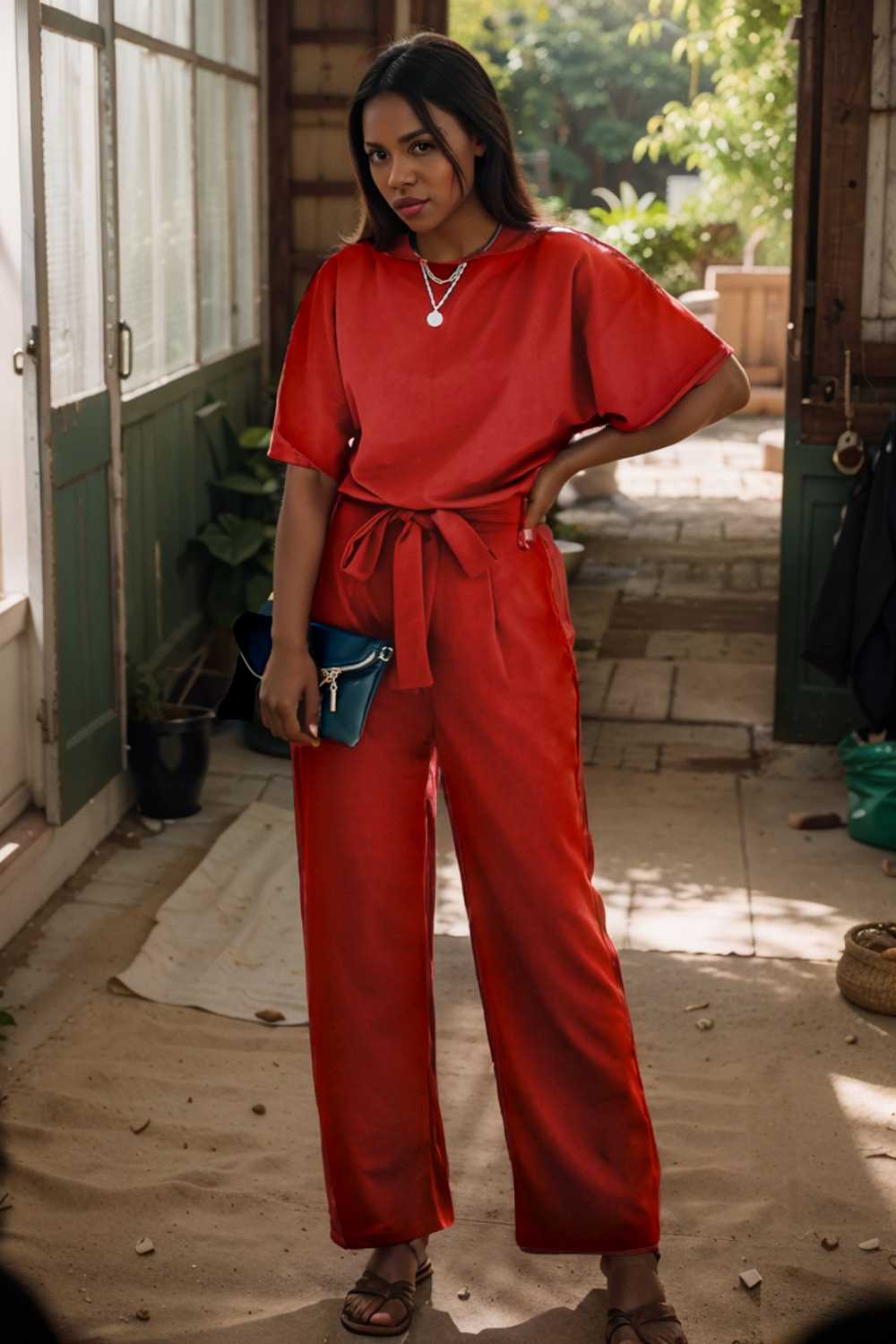 solid five point sleeve belted wide leg jumpsuit 105697