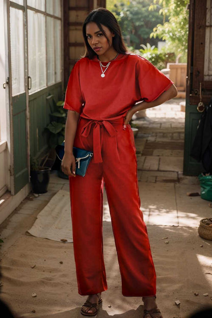 solid five point sleeve belted wide leg jumpsuit 105697