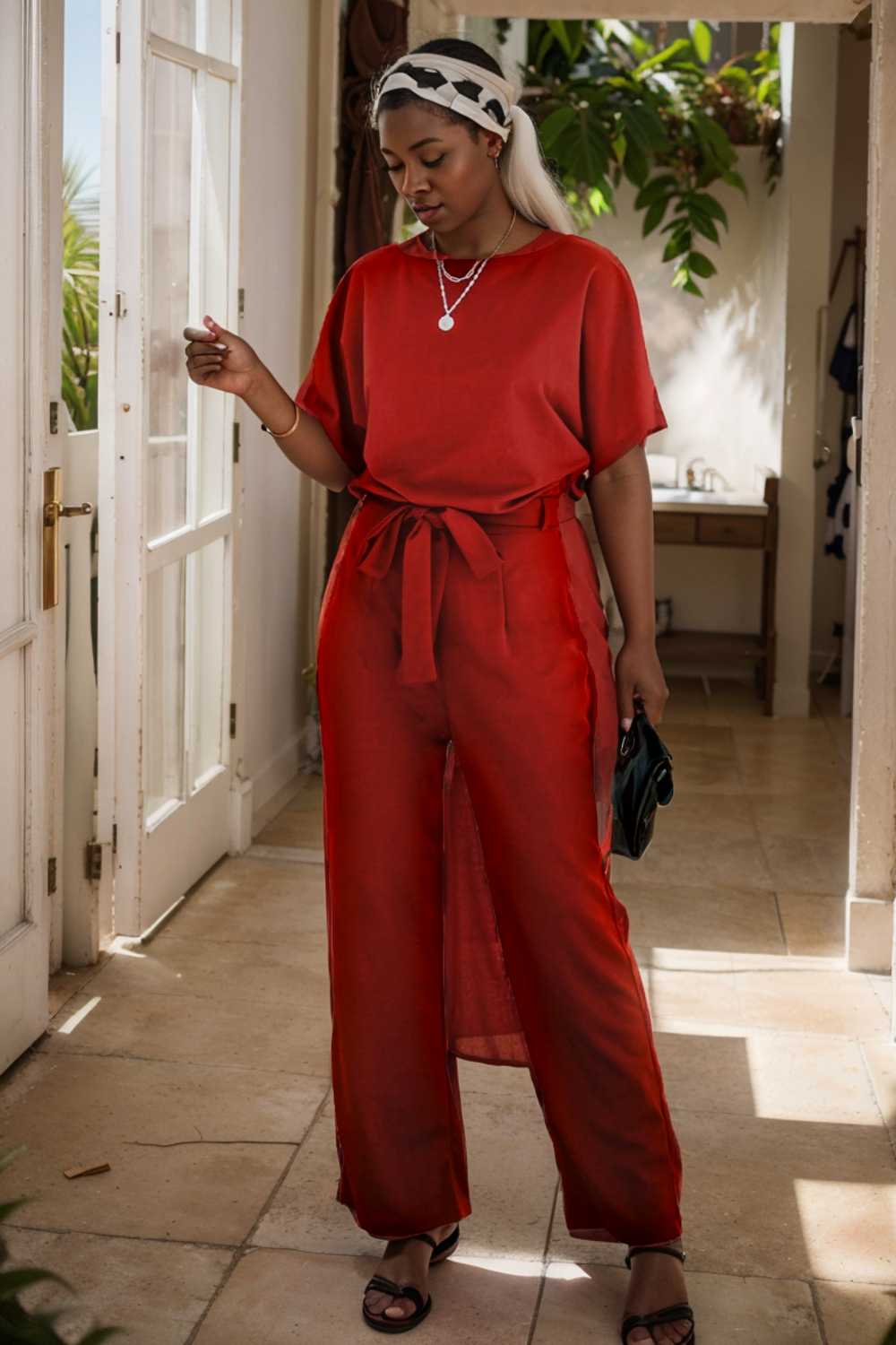 solid five point sleeve belted wide leg jumpsuit 105696
