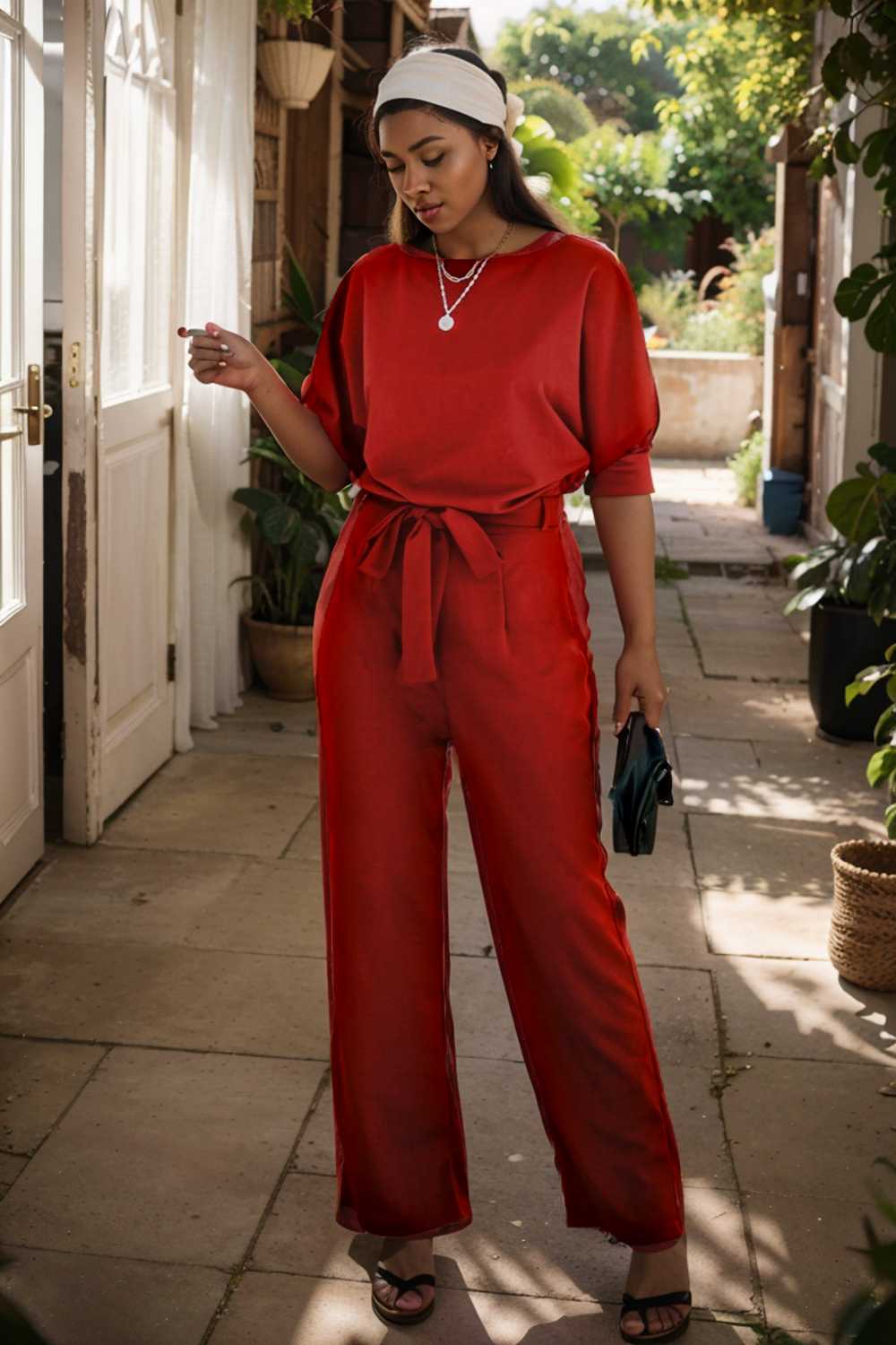 solid five point sleeve belted wide leg jumpsuit 107304