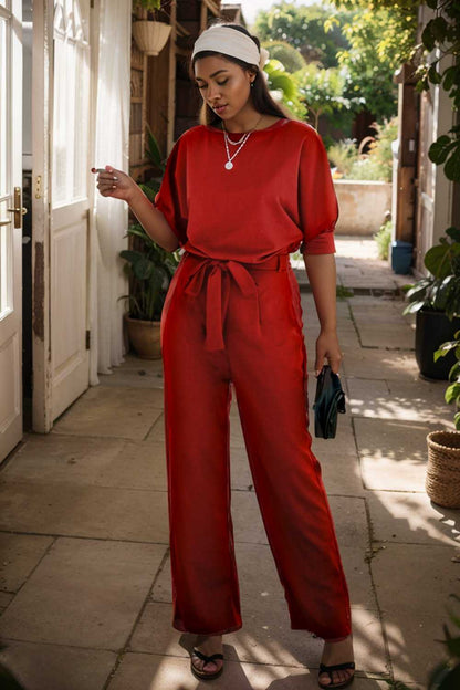 solid five point sleeve belted wide leg jumpsuit 107304