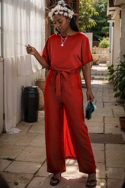 solid five point sleeve belted wide leg jumpsuit 105695