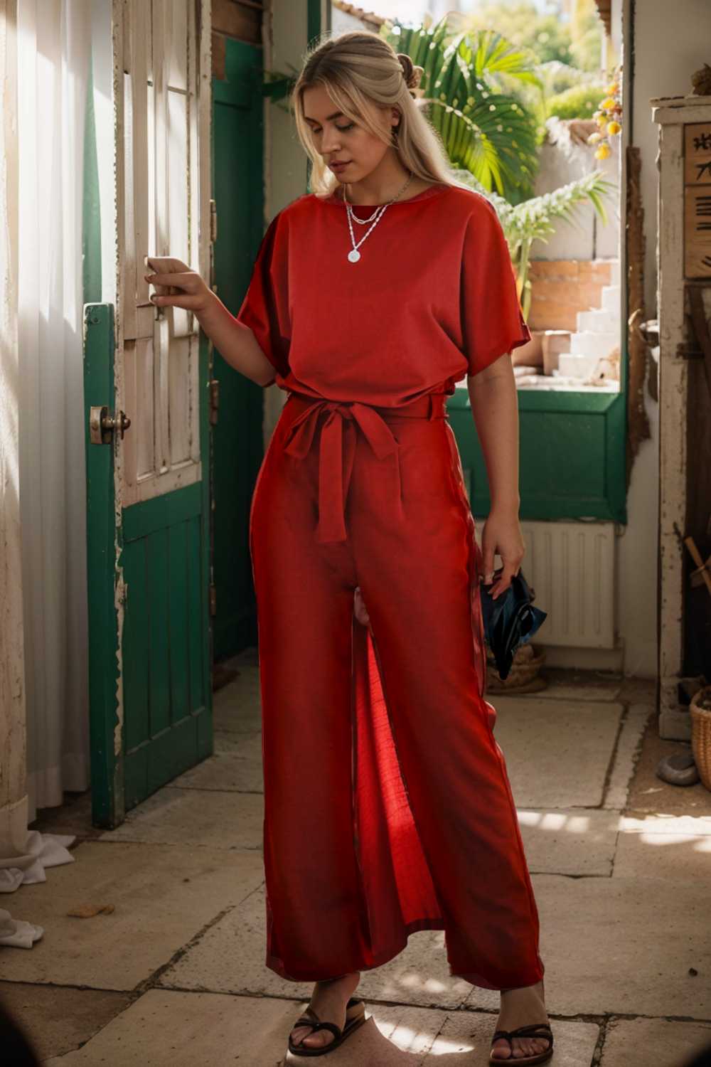 solid five point sleeve belted wide leg jumpsuit 105694