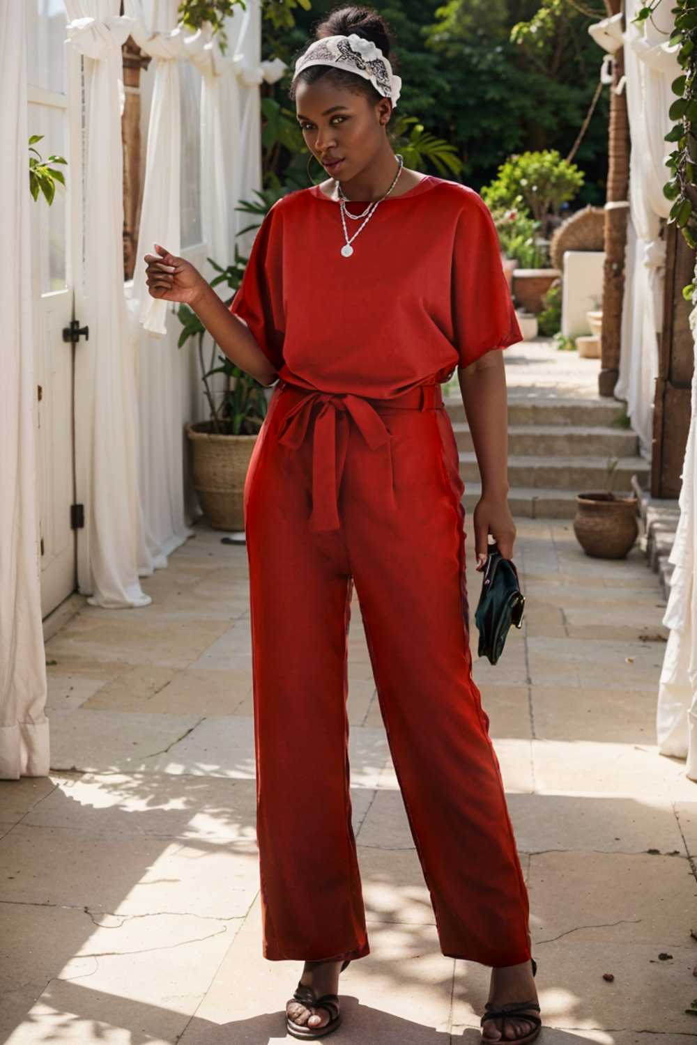 solid five point sleeve belted wide leg jumpsuit 105693