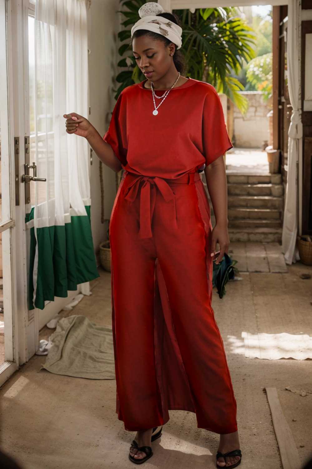 solid five point sleeve belted wide leg jumpsuit 105692