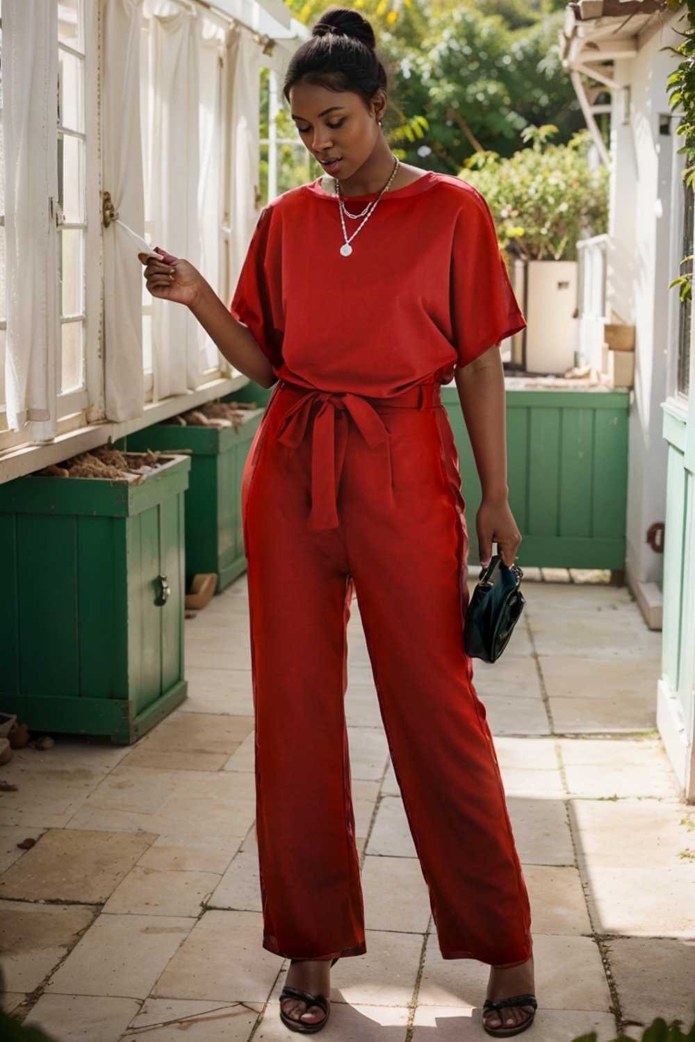 solid five point sleeve belted wide leg jumpsuit 105691