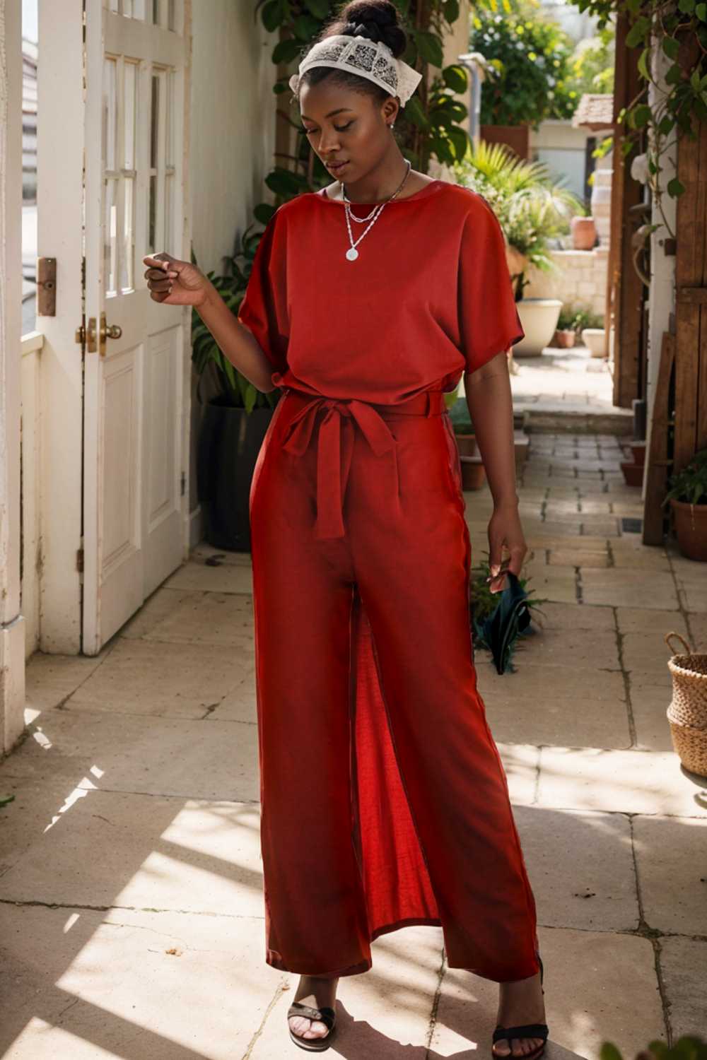 solid five point sleeve belted wide leg jumpsuit 105690