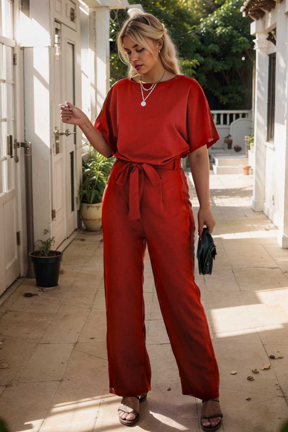 solid five point sleeve belted wide leg jumpsuit 105689