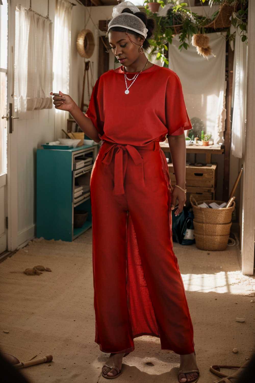 solid five point sleeve belted wide leg jumpsuit 105688