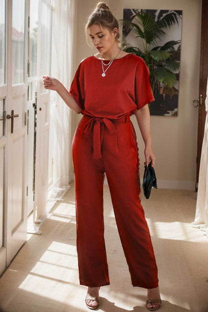 solid five point sleeve belted wide leg jumpsuit 105687