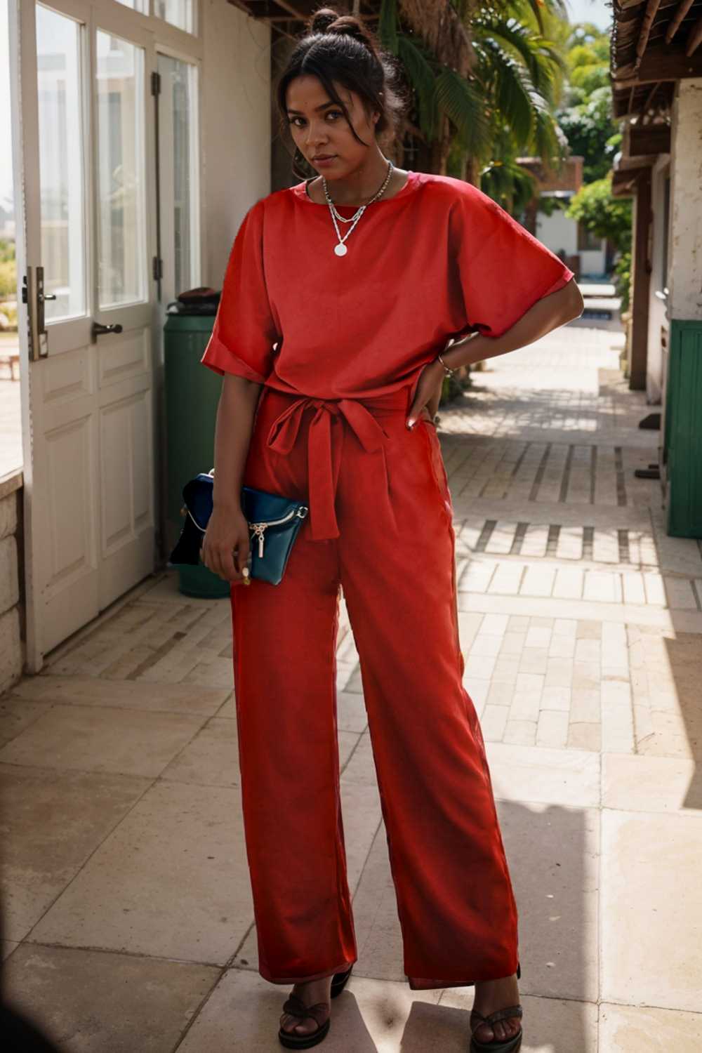 solid five point sleeve belted wide leg jumpsuit 110646