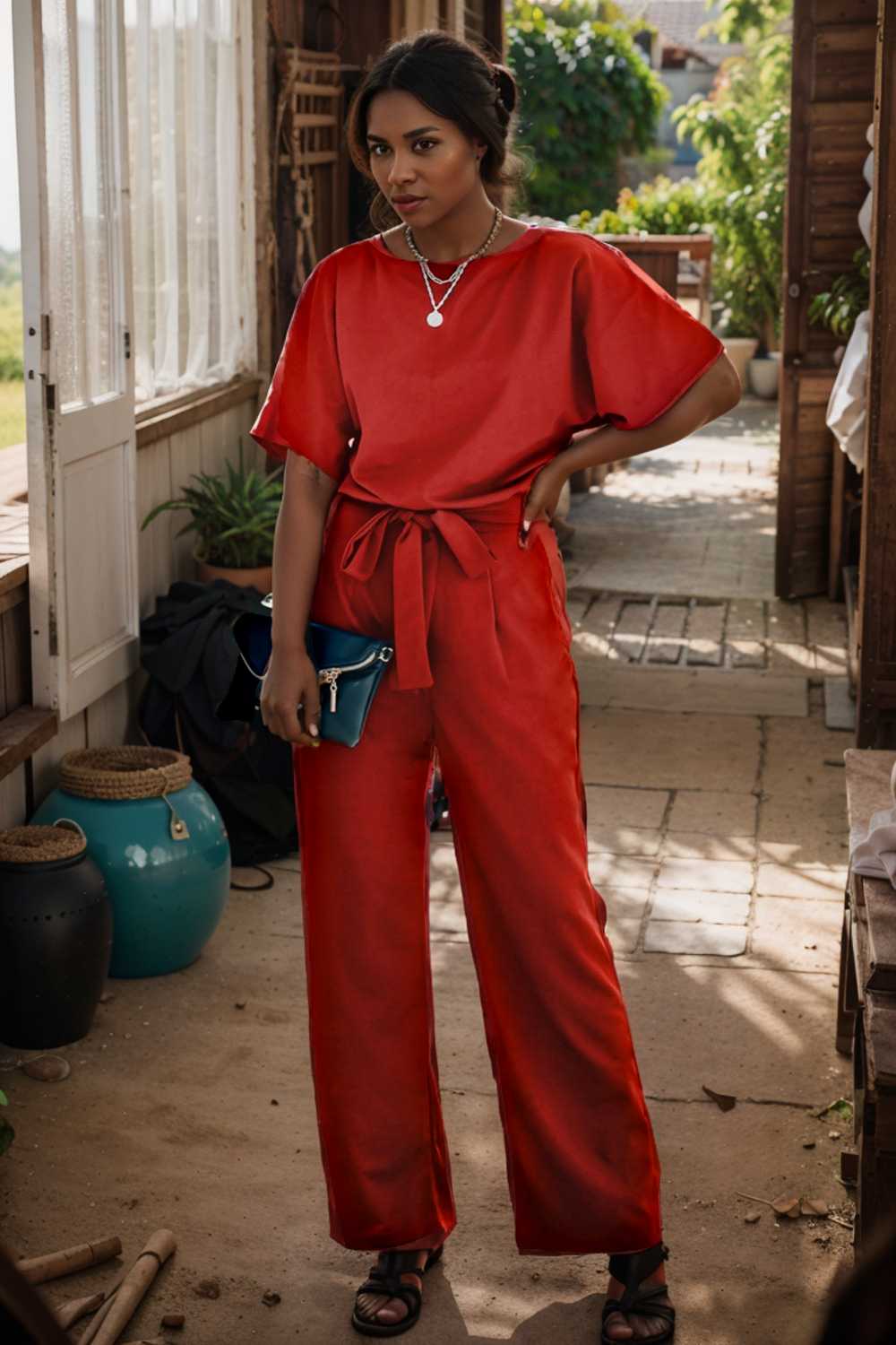solid five point sleeve belted wide leg jumpsuit 105685