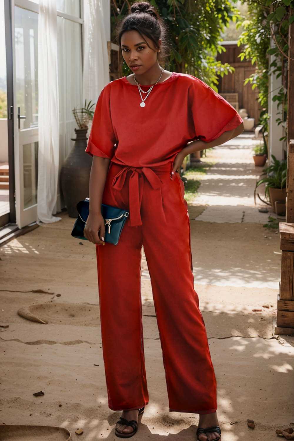 solid five point sleeve belted wide leg jumpsuit 105684