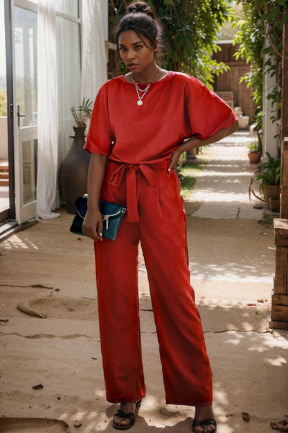 solid five point sleeve belted wide leg jumpsuit 105684