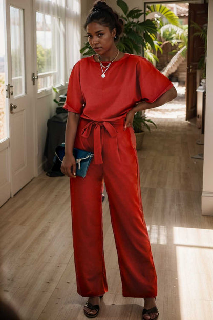 solid five point sleeve belted wide leg jumpsuit 110645