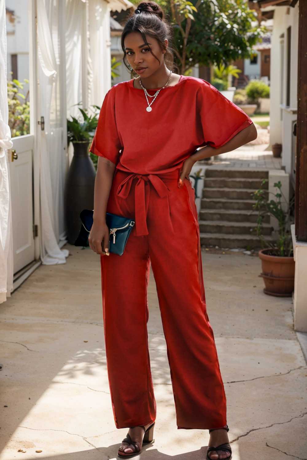 solid five point sleeve belted wide leg jumpsuit 105683