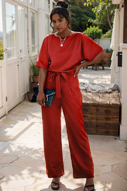 solid five point sleeve belted wide leg jumpsuit 110643