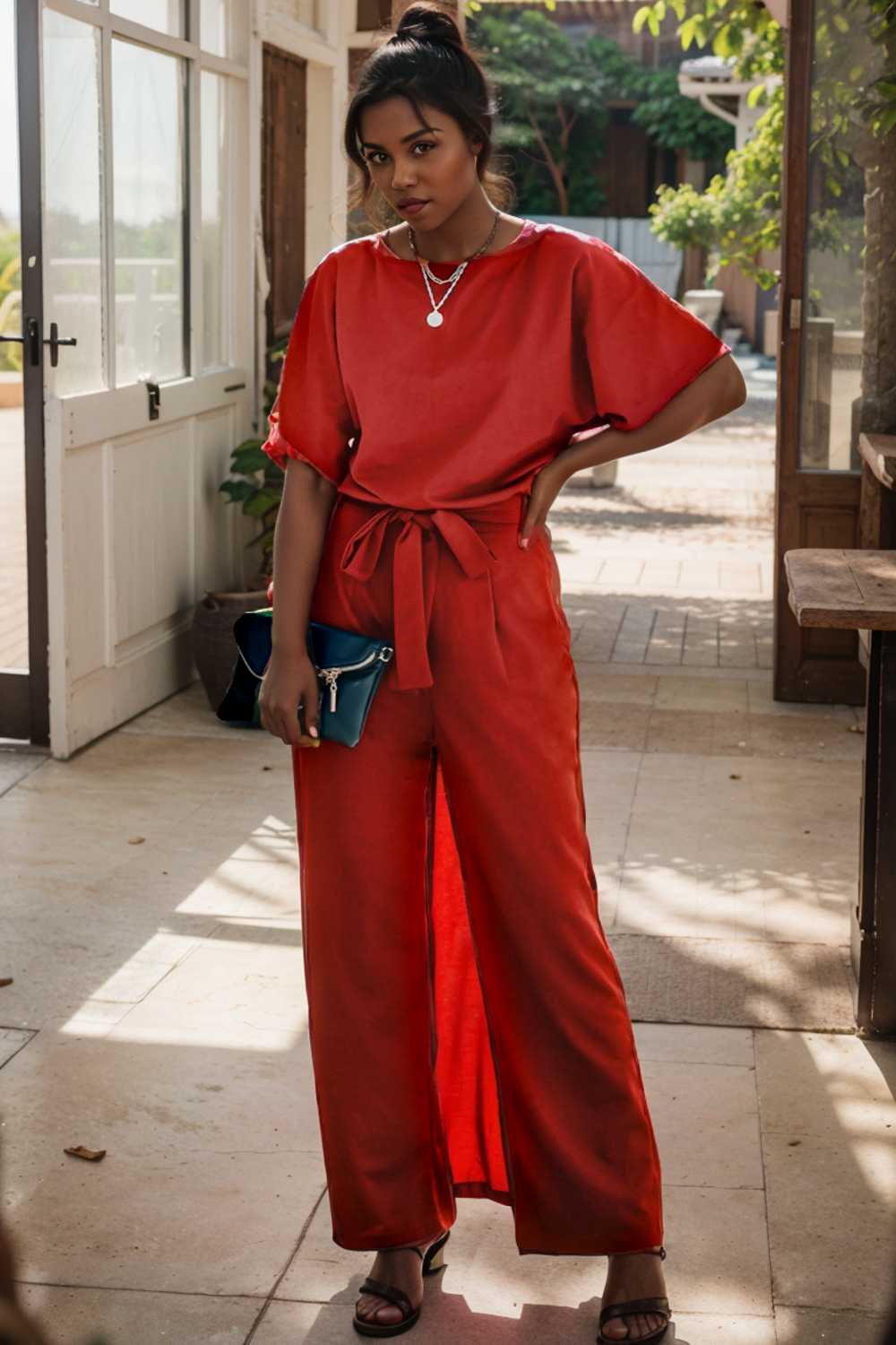 solid five point sleeve belted wide leg jumpsuit 105682