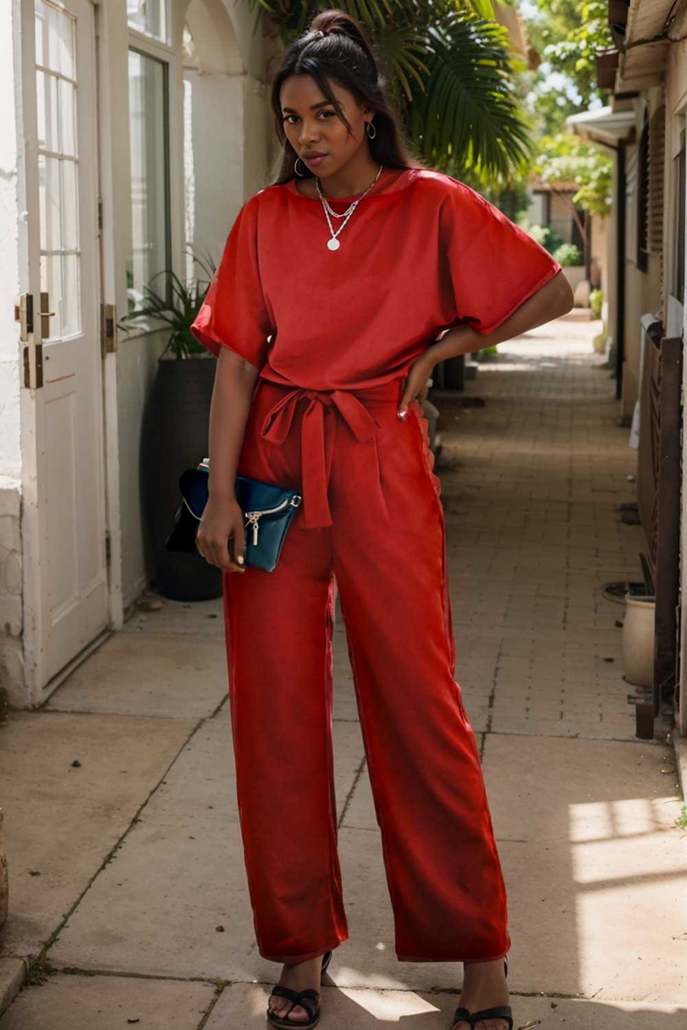 solid five point sleeve belted wide leg jumpsuit 105681