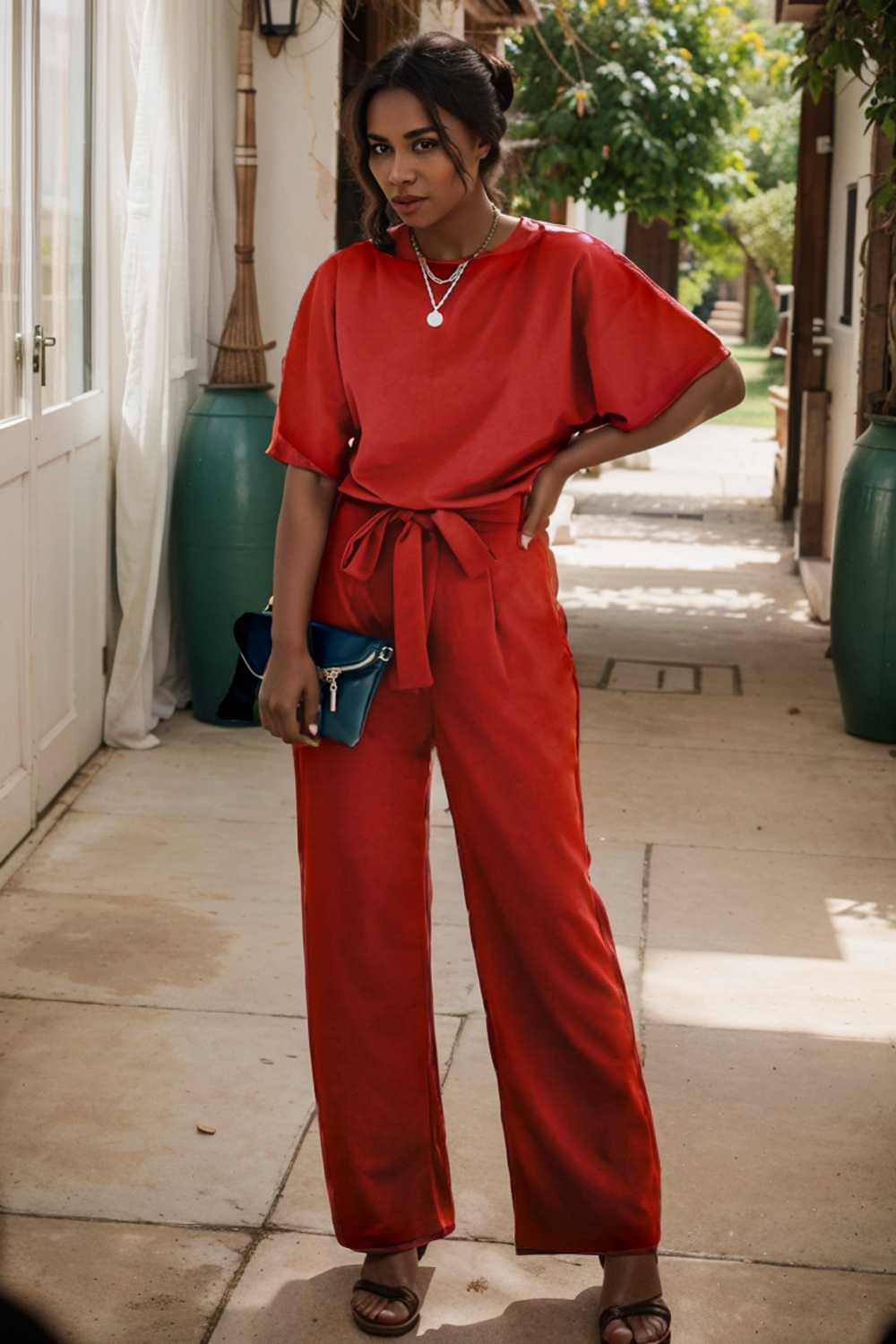 solid five point sleeve belted wide leg jumpsuit 105680