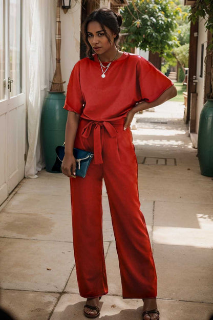 solid five point sleeve belted wide leg jumpsuit 105680