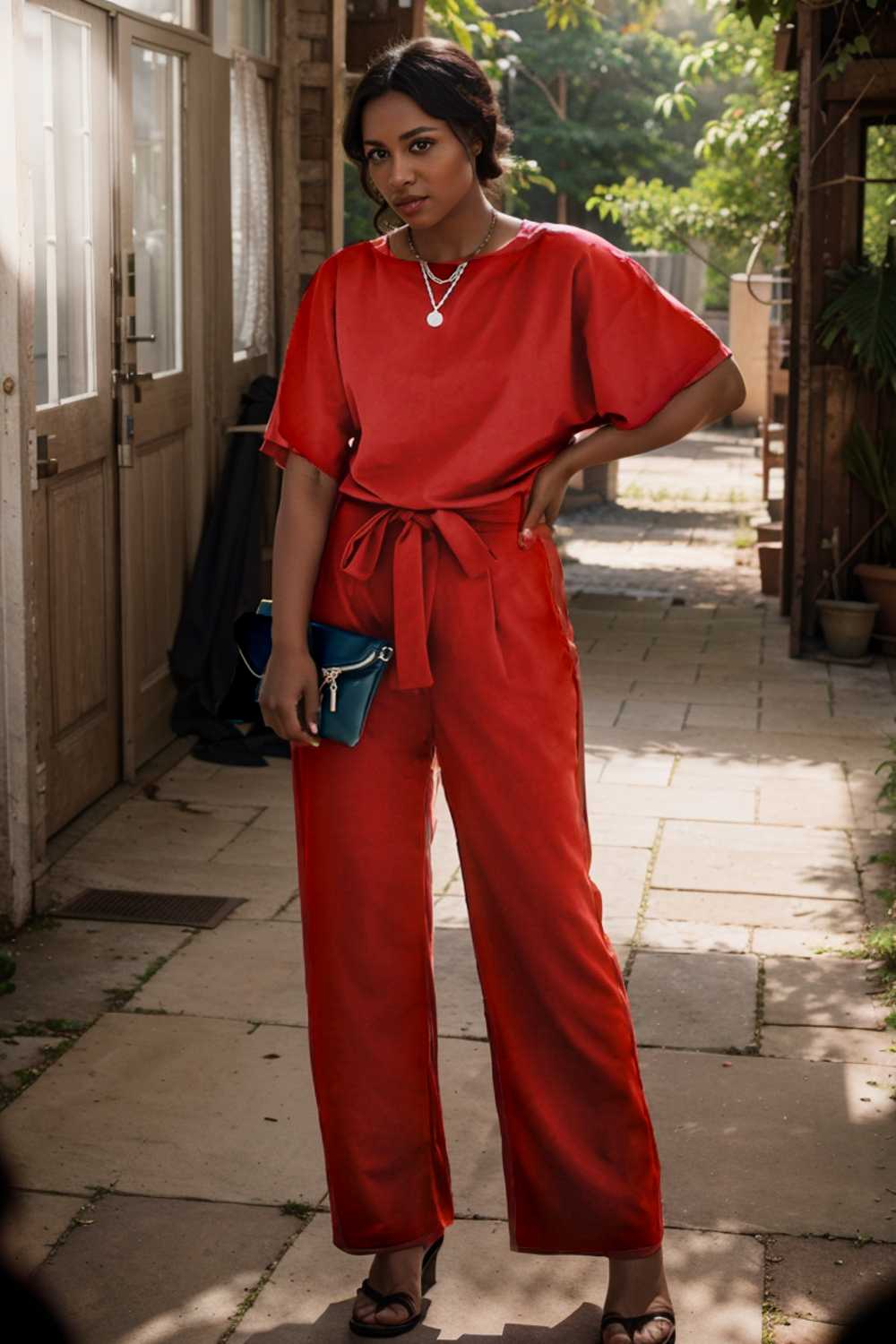 solid five point sleeve belted wide leg jumpsuit 105679