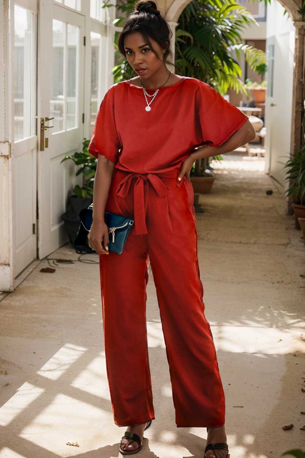 solid five point sleeve belted wide leg jumpsuit 105678