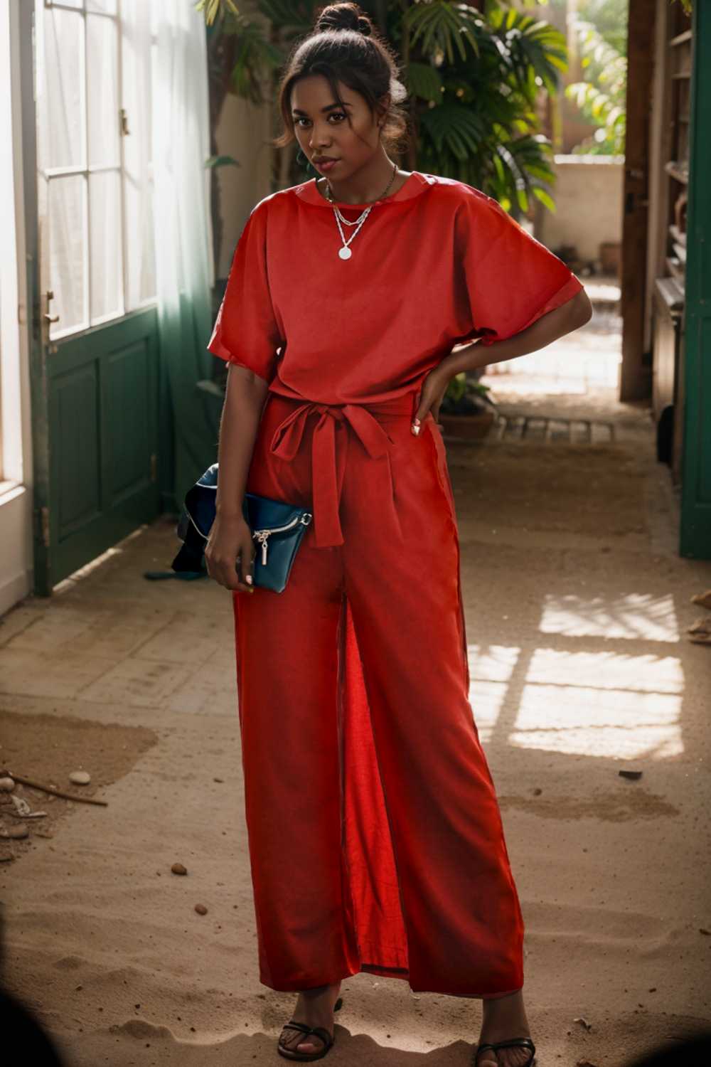 solid five point sleeve belted wide leg jumpsuit 105676