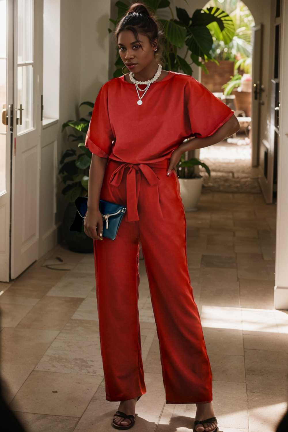 solid five point sleeve belted wide leg jumpsuit 105675