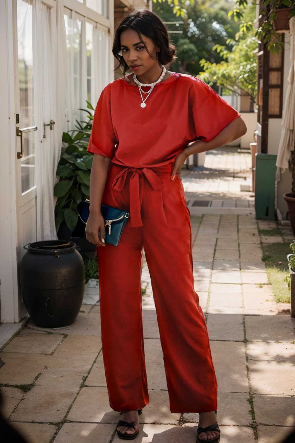 solid five point sleeve belted wide leg jumpsuit 105674