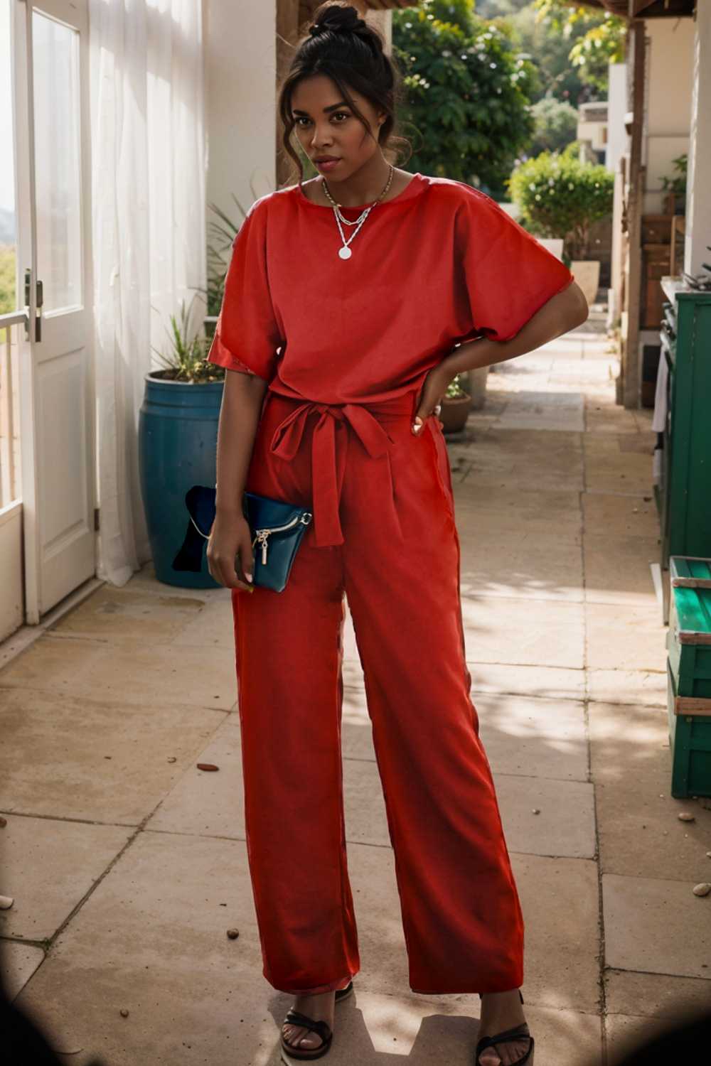 solid five point sleeve belted wide leg jumpsuit 105673