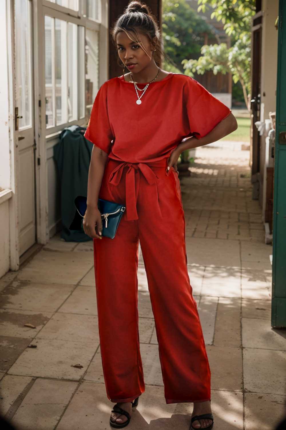 solid five point sleeve belted wide leg jumpsuit 105672