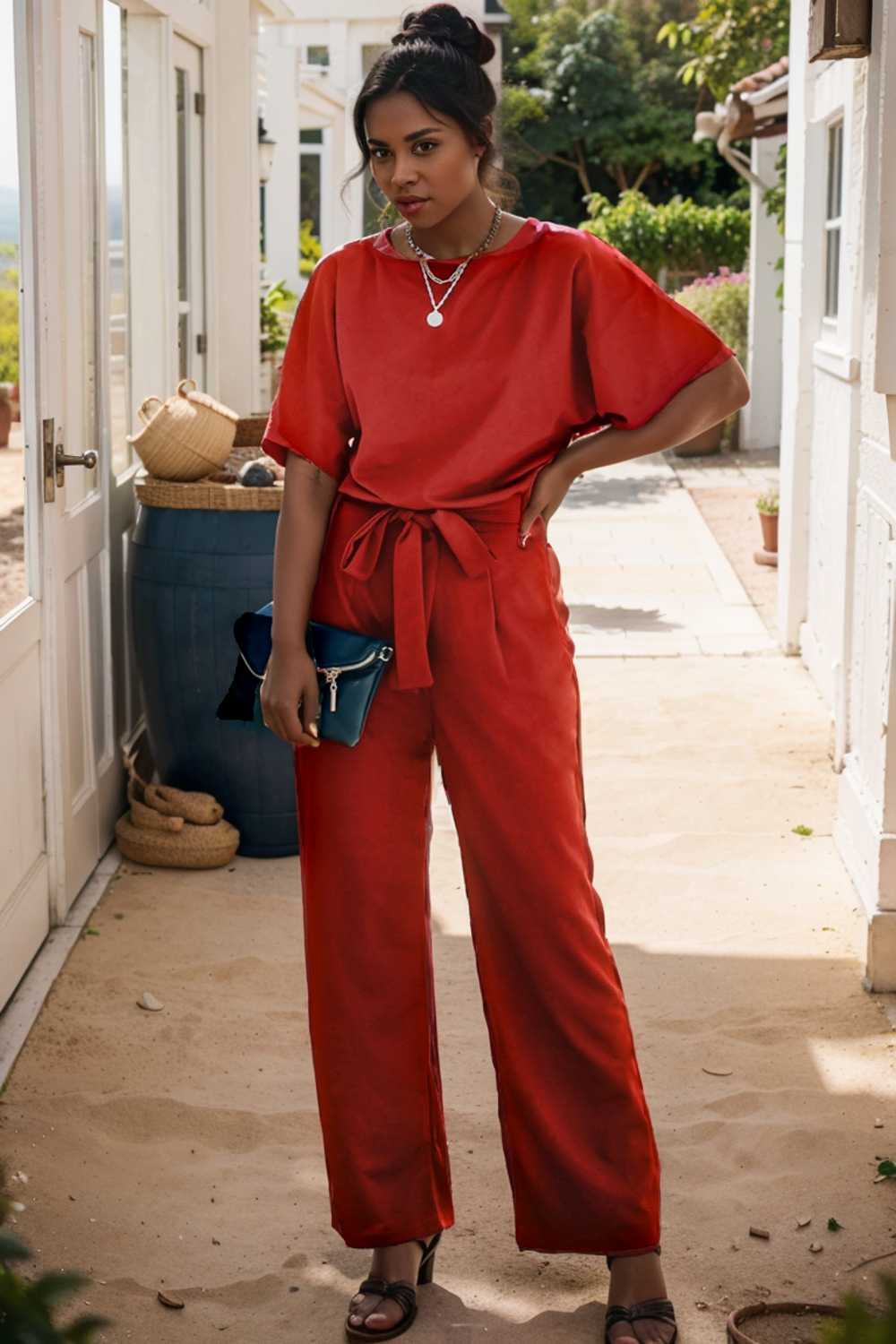 solid five point sleeve belted wide leg jumpsuit 105671