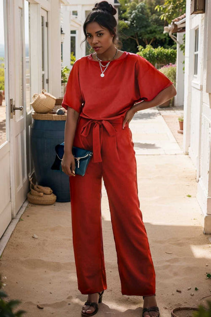 solid five point sleeve belted wide leg jumpsuit 105671