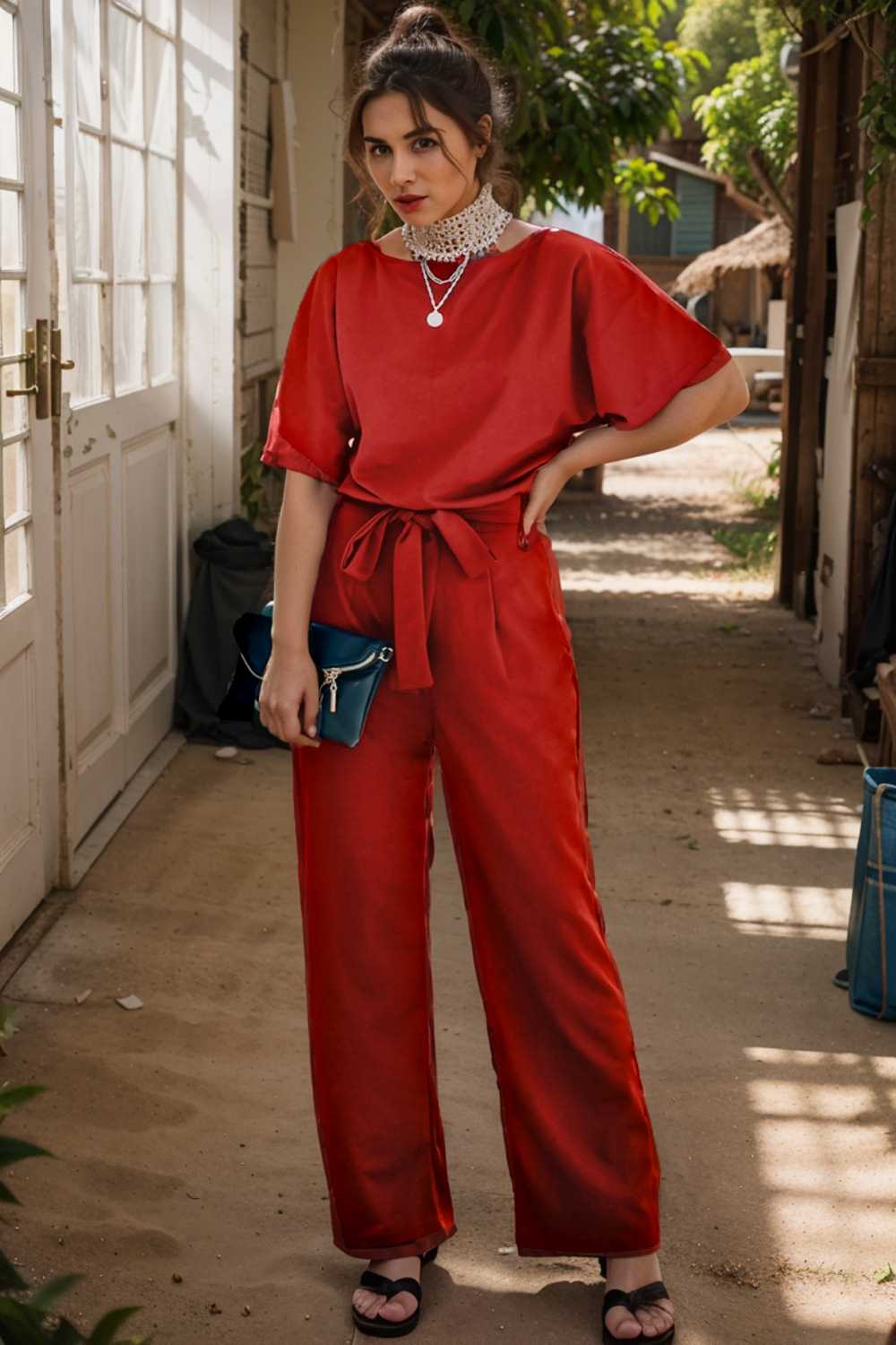 solid five point sleeve belted wide leg jumpsuit 105670